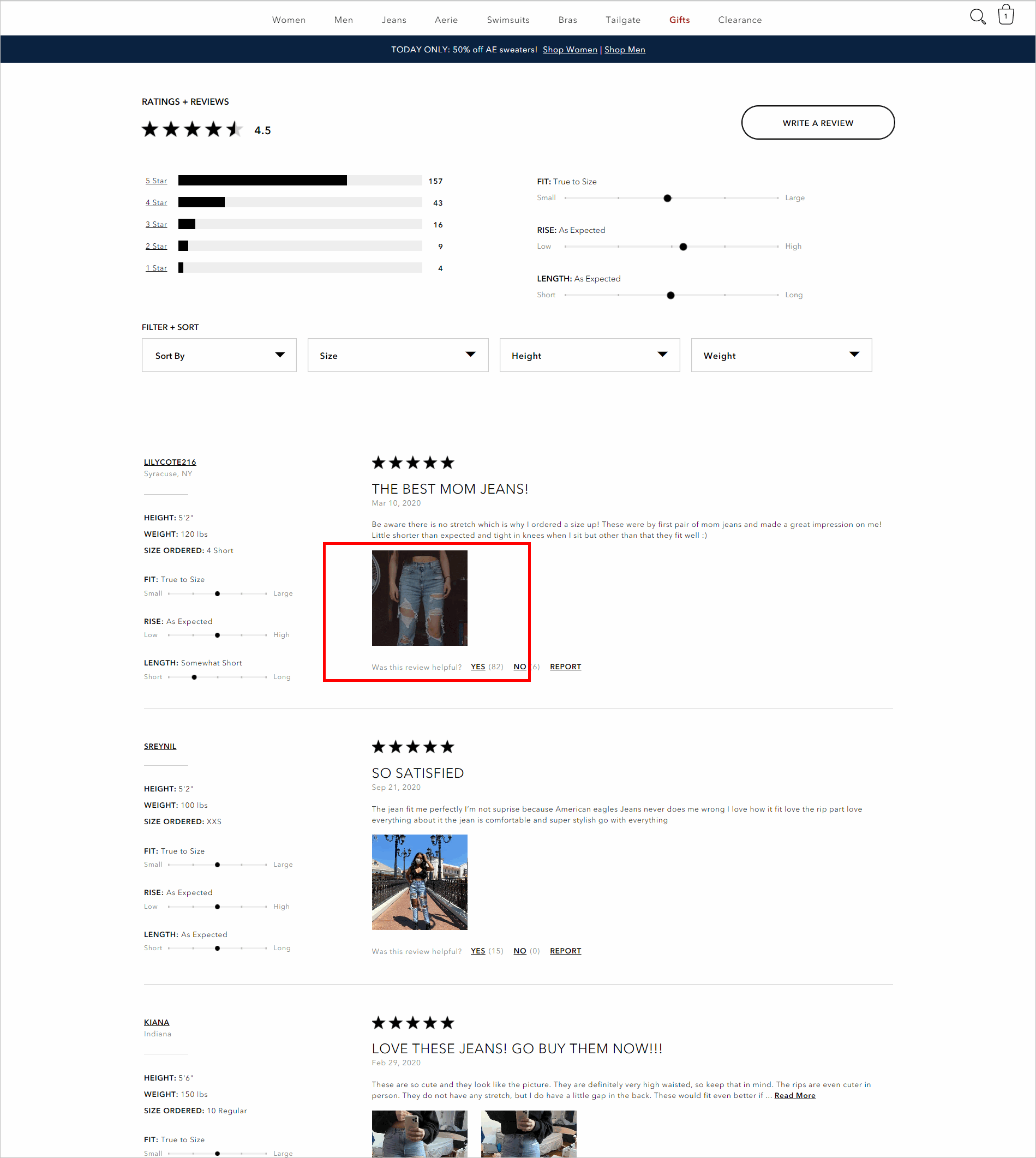  optimized ecommerce customer reviews example - reviews section of ae.com's product detail page allows shoppers to filter by size, height, and weight. reviews also include user-submitted images.