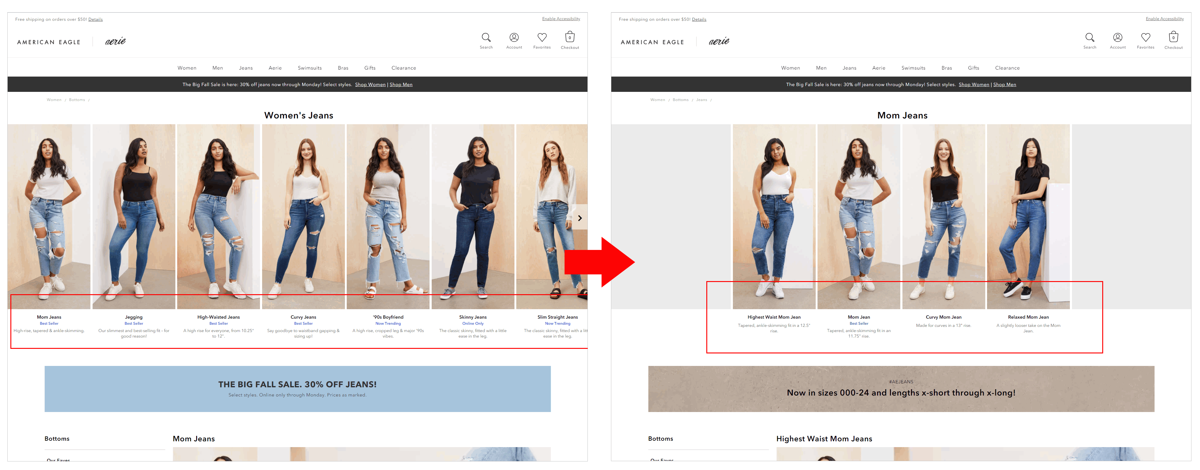 helping ecommerce shoppers make a choice example - american eagle's wizard-like experience. the page on the left shows visual navigation for different types of women's jeans including mom jeans, jegging, high-waisted jeans, etc. the page on the right shows what happens when the shopper clicks on mom jeans: they're show another visual navigation, this time with the different types of mom jeans