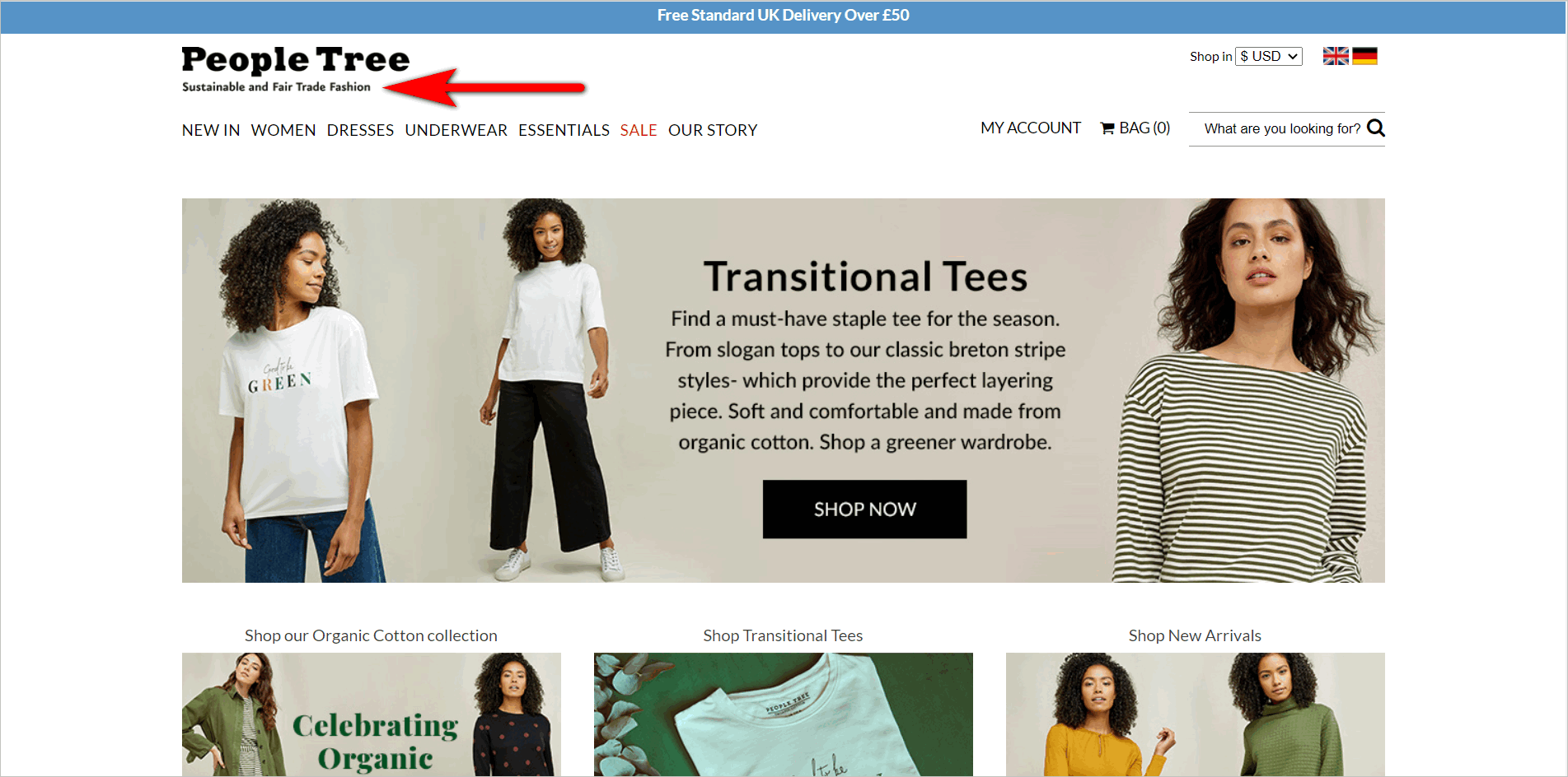 conversion rate optimization for e-commerce - conveying usp immediately example - peopletree.co.uk's tagline below the logo in the upper left corner of the page says 