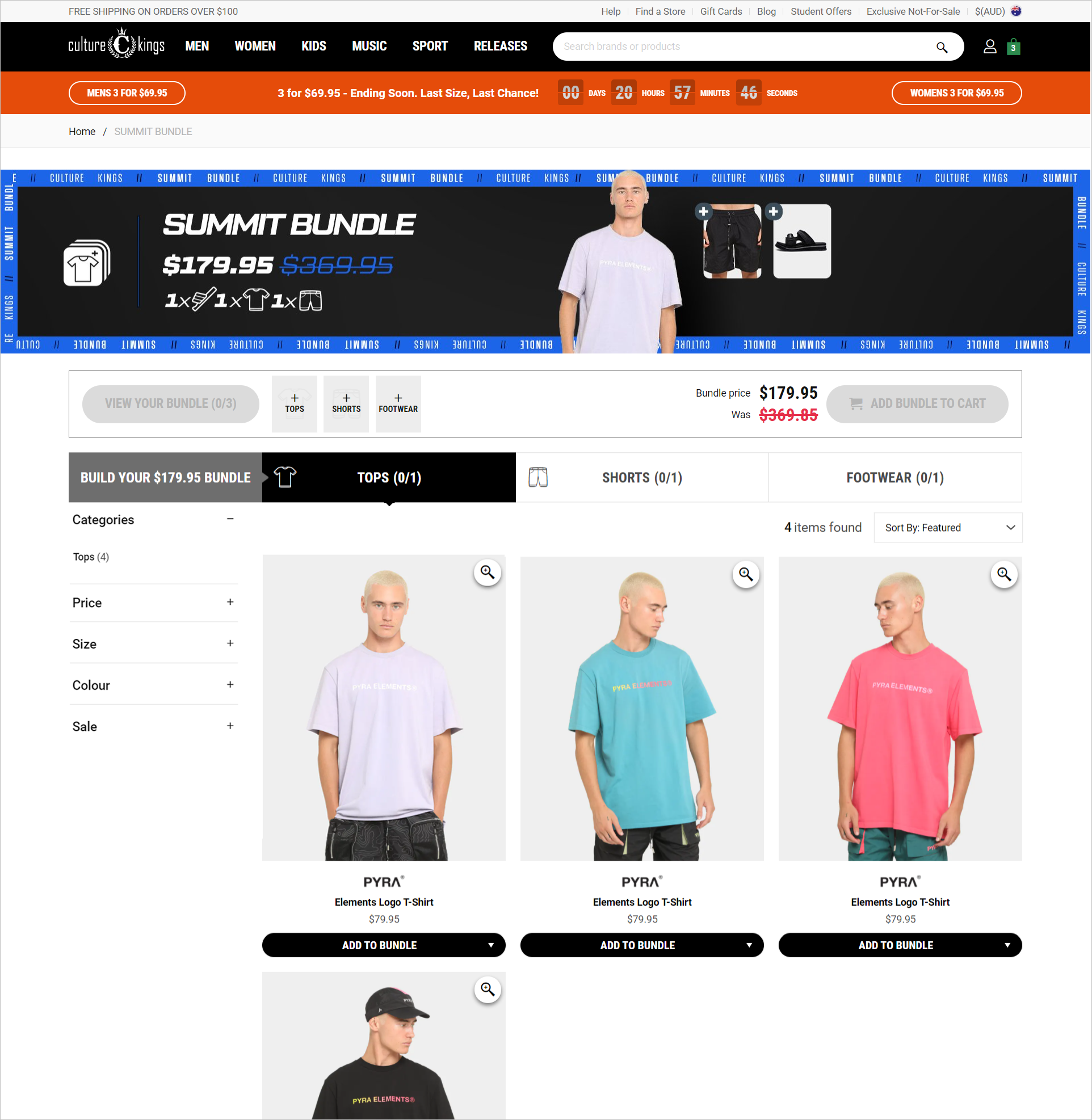 ecommerce bundled products example - culturekings.com.au's summit bundle page allows shoppers to shop an entire look by picking a pre-bundled set of products including a top, a pair of shorts, and a footwear