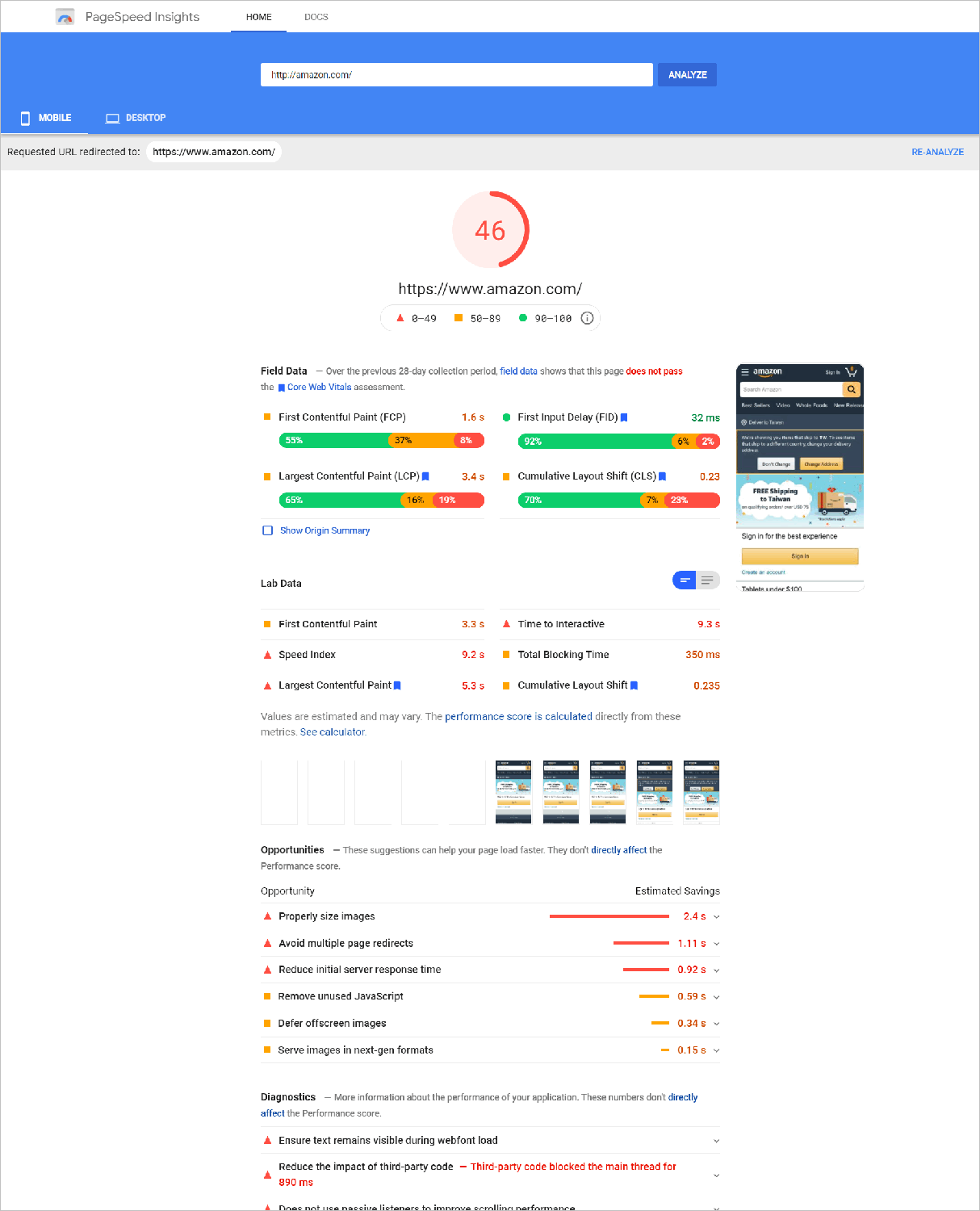 google pagespeed insights showing results for amazon.com's mobile website 