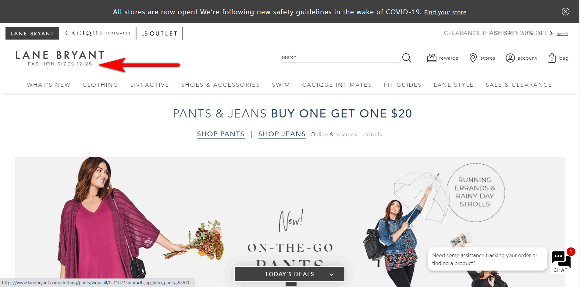  conversion rate optimization for e-commerce - conveying usp immediately example - lanebryant's tagline below the logo in the upper left corner of the page says 