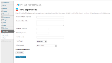 WordPress에서 웹사이트 테스트를 위한 AB Press Optimizer 이미지