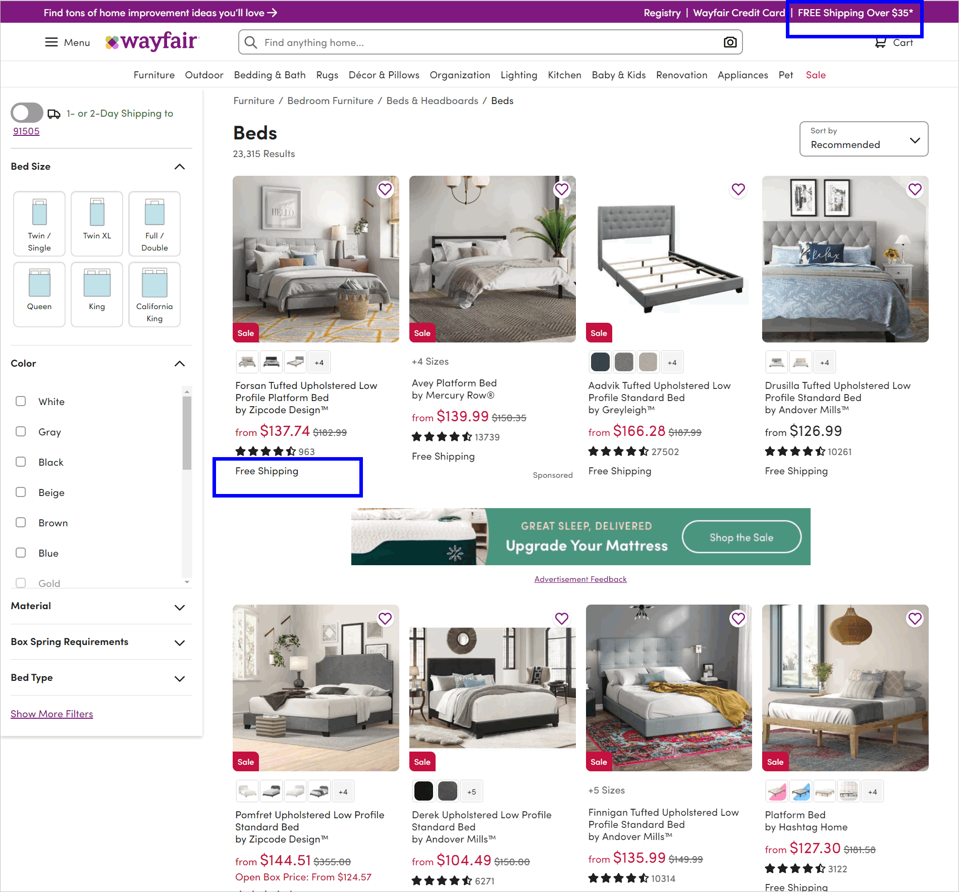 upfront fees example - wayfair.com's category page for beds has 