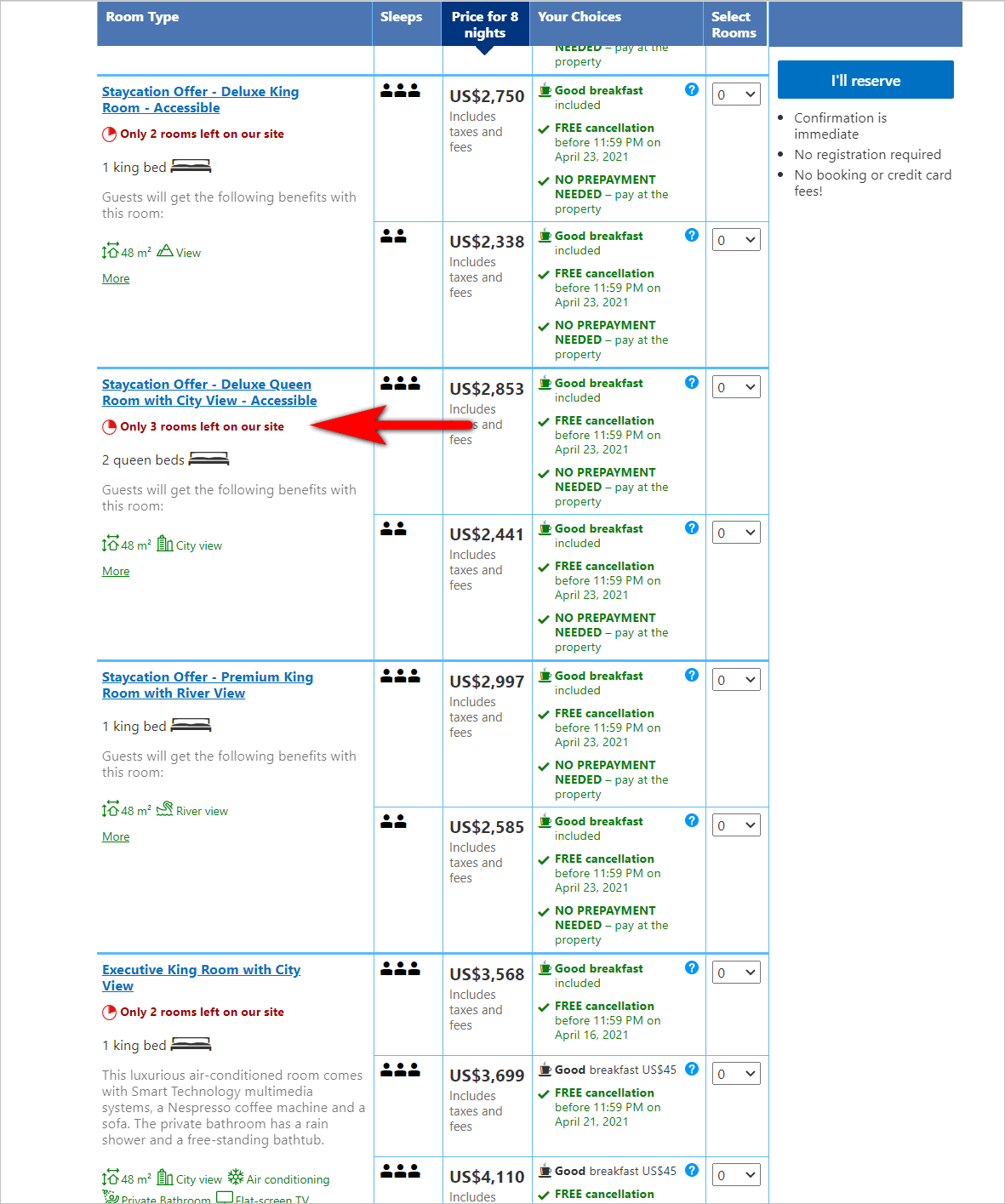 scarcity marketing - custom requirements and preferences example - booking.com's detail page for a particular hotel shows different types of hotel room location and configurations. the page has a callout for room types and configurations that are running low on availability 