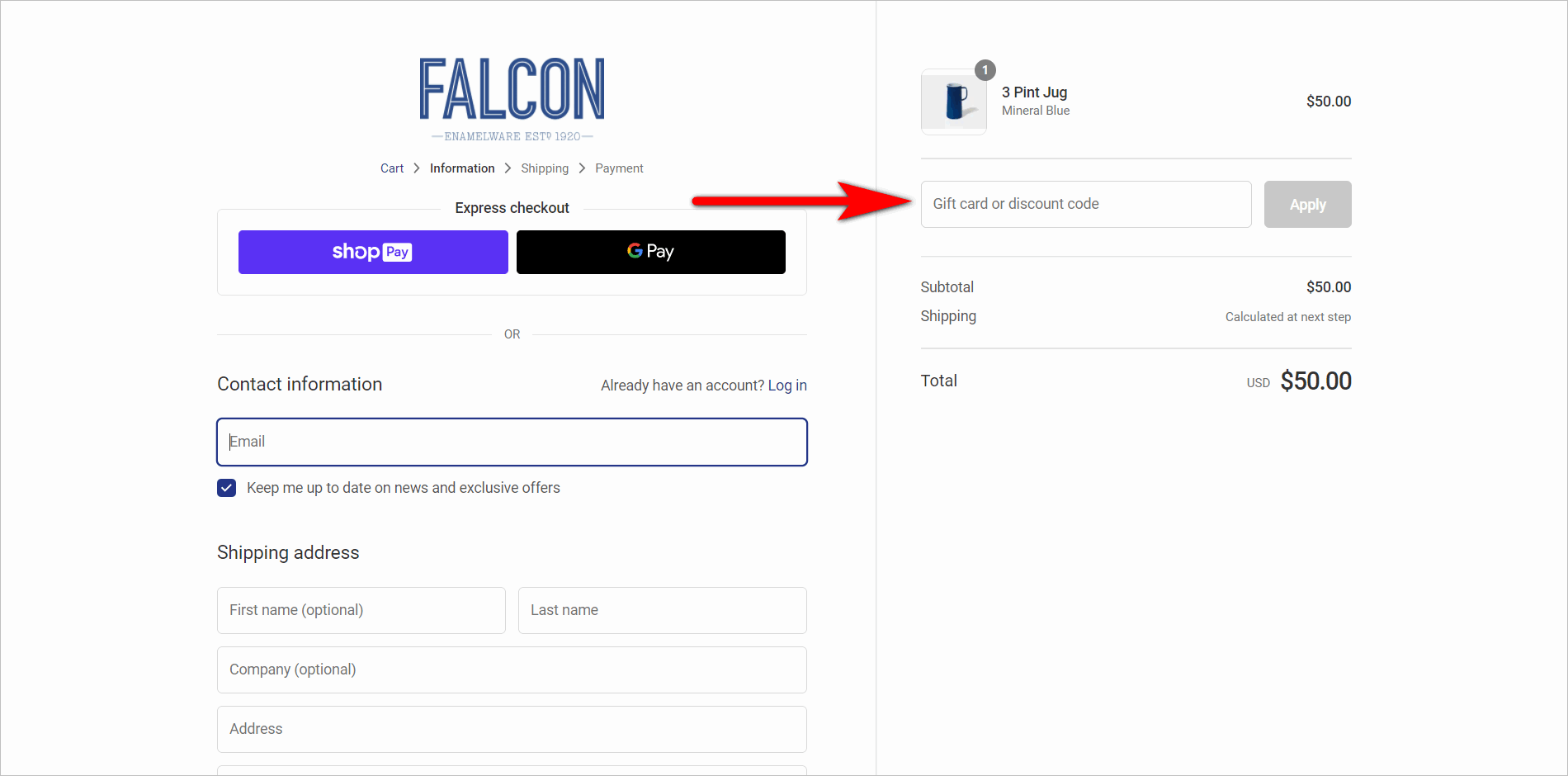 exemple de boîte de code promotionnel proéminent - la page de paiement de us.falconenamelware.com a un proéminent visuel