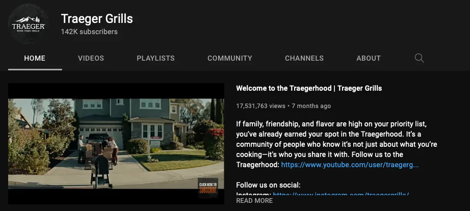 Home page di YouTube di Traeger Grills