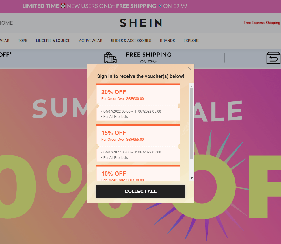 Popup diskon di situs web SHEIN