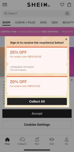 Munculan kode diskon di aplikasi Shein