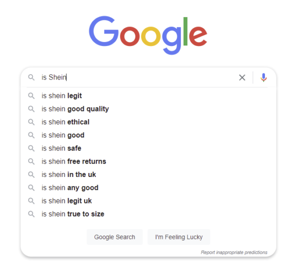 Tangkapan layar hasil pencarian dari Google hasil pengisian otomatis untuk "Is SHEIN"