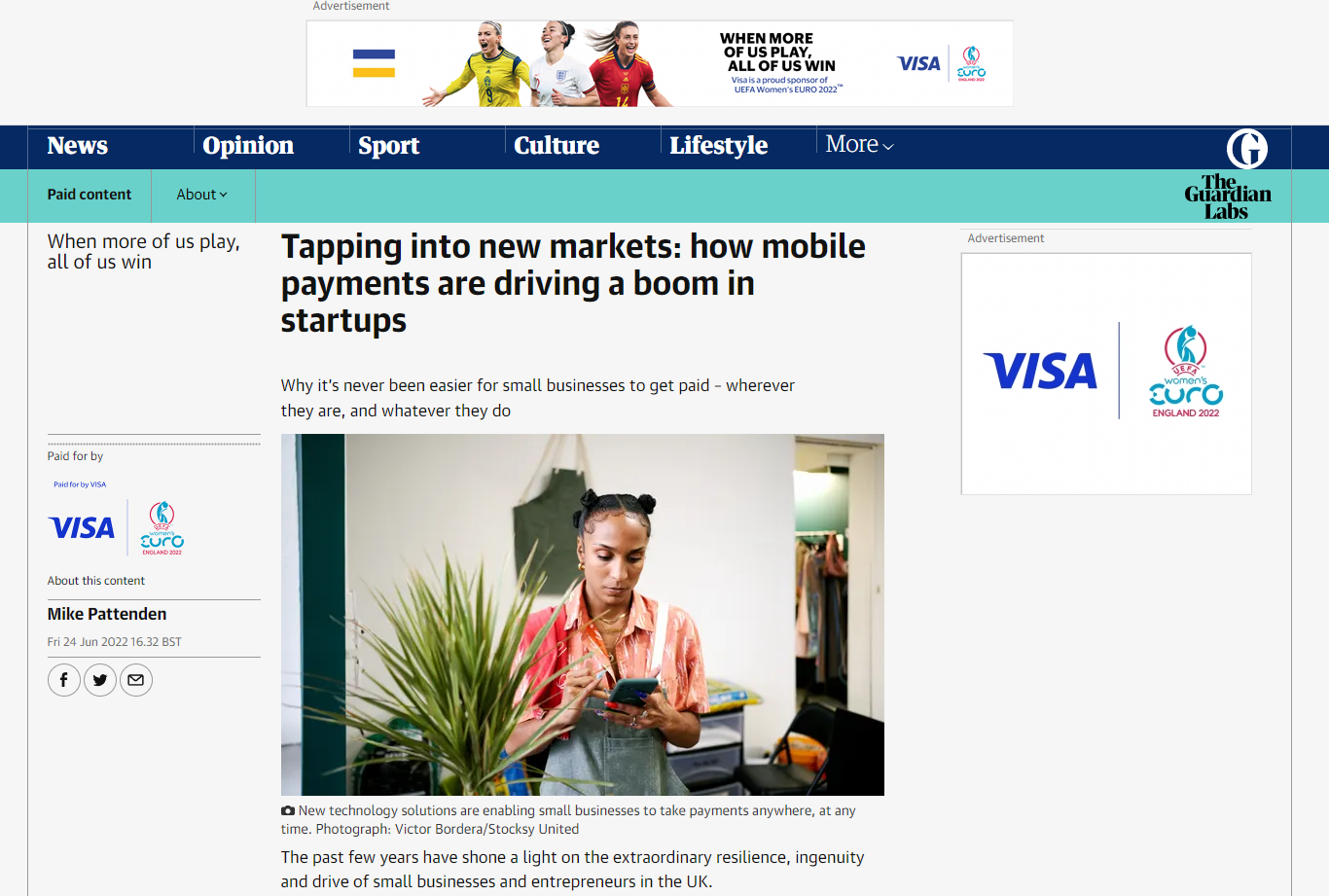 Captura de tela de um artigo patrocinado pelo Guardian intitulado Entrando em novos mercados: como os pagamentos móveis estão gerando um boom de startups