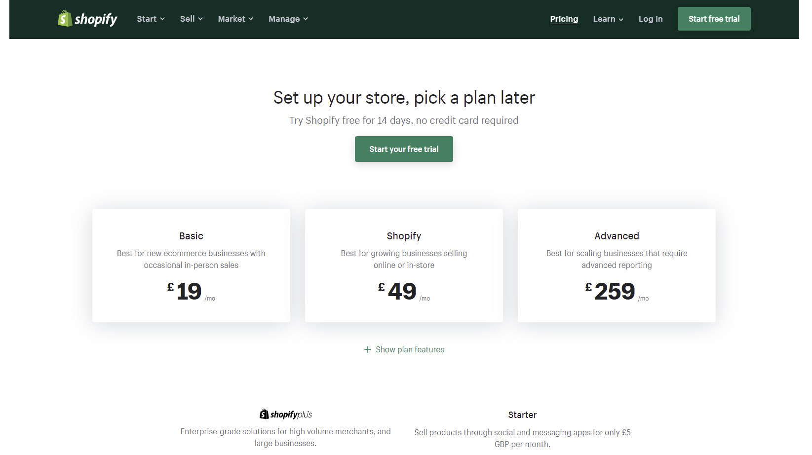 Captura de tela dos planos da Shopify