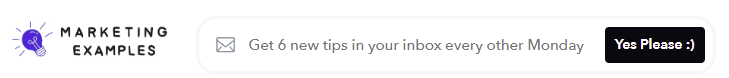 Captura de tela do CTA da lista de e-mail sobre exemplos de marketing. O texto diz "Receba 6 novas dicas na sua caixa de entrada todas as segundas-feiras"