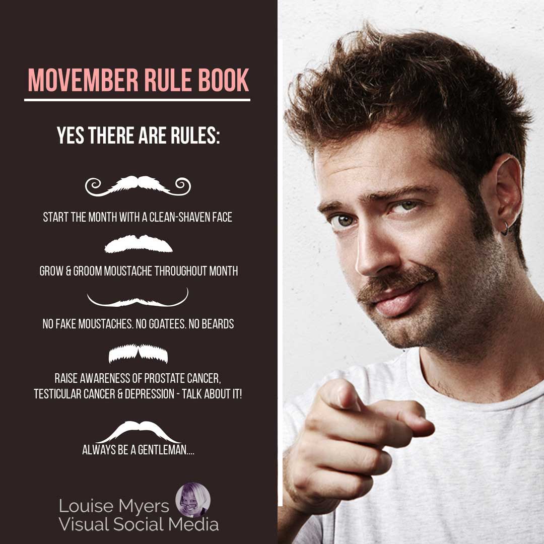 o gráfico lista as regras do movember e a foto do homem com bigode apontando para você.