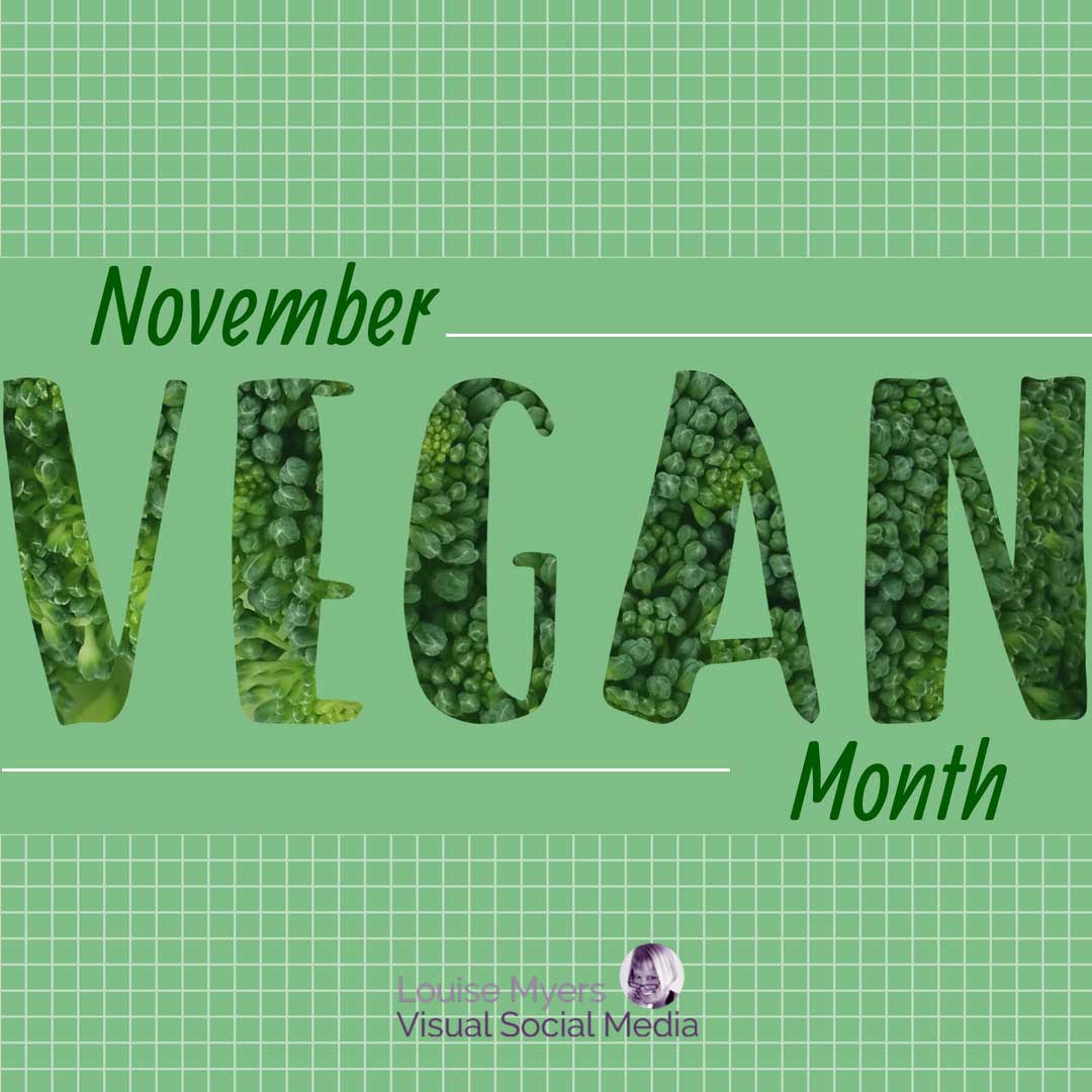 letras VEGANO feitas de vegetais no gráfico verde que diz novembro mês vegano.