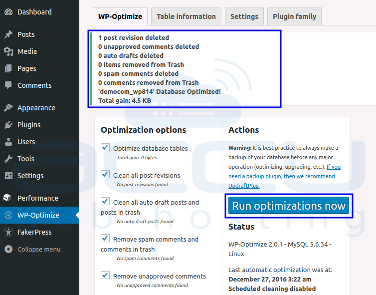 Optimize WordPress Database Using WP Optimize