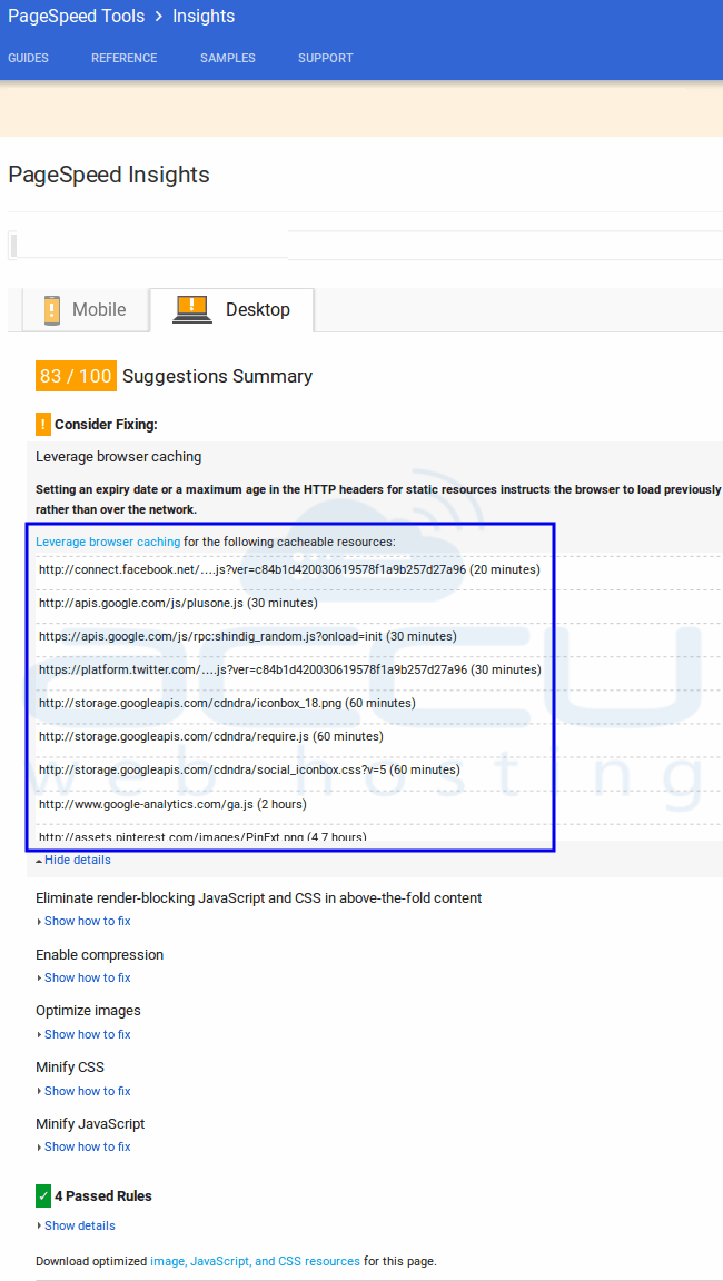 Google Page Speed Insight Score After Enabling Caching Plugin