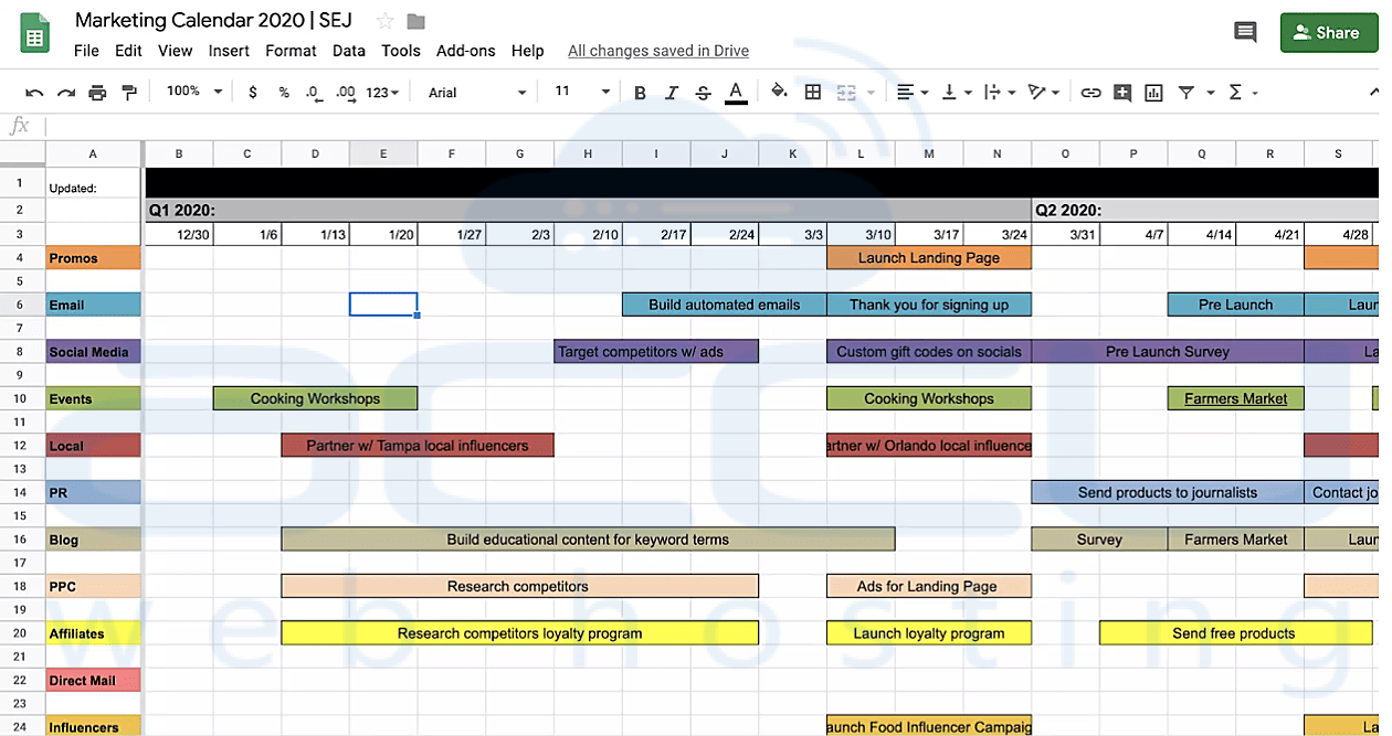 Feuille de calendrier marketing