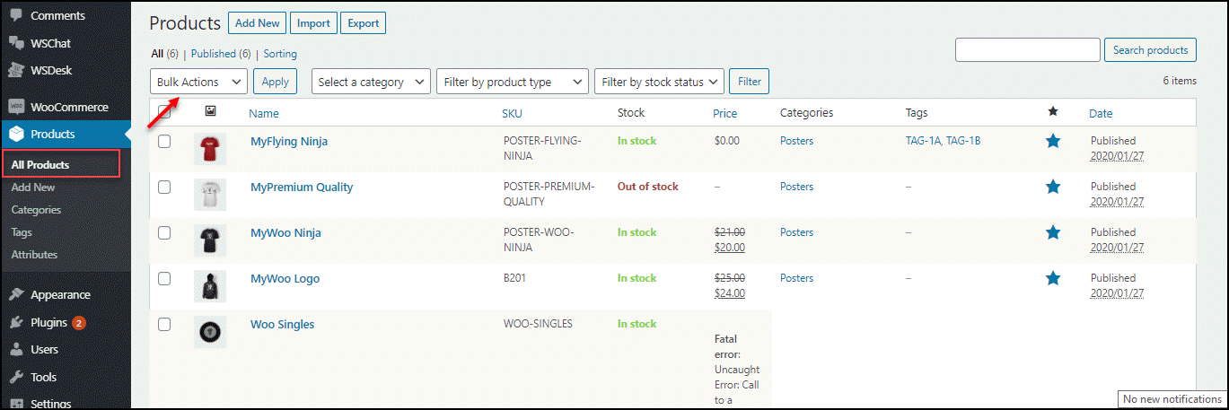 1. إجراءات WooCommece بالجملة