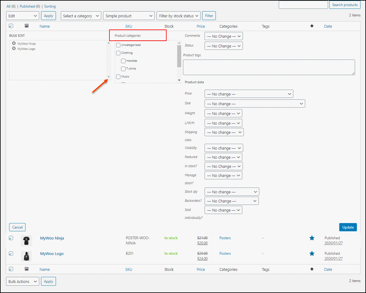 2. Modification en masse de la catégorie de produits