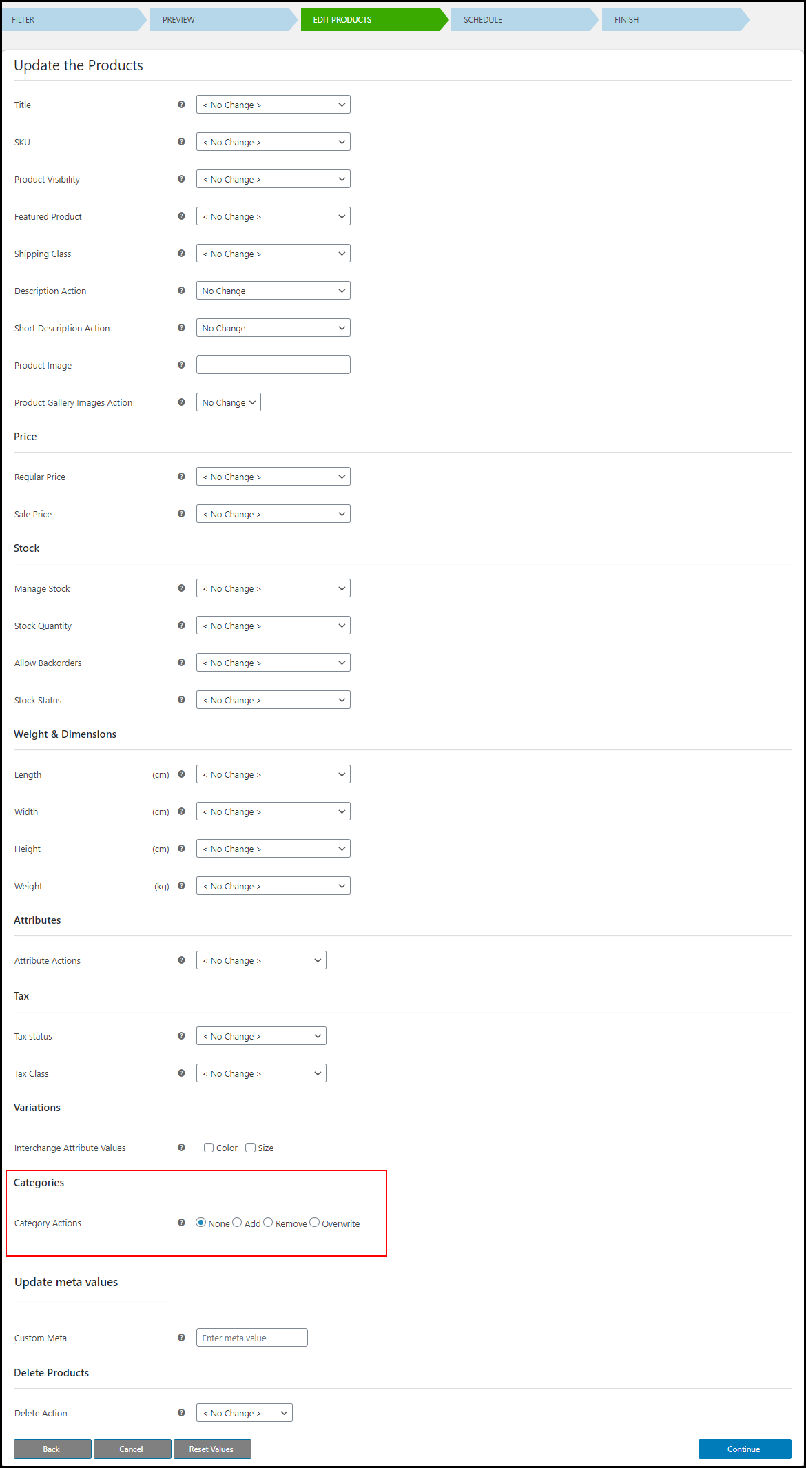 6. Modifica in blocco le categorie di prodotti