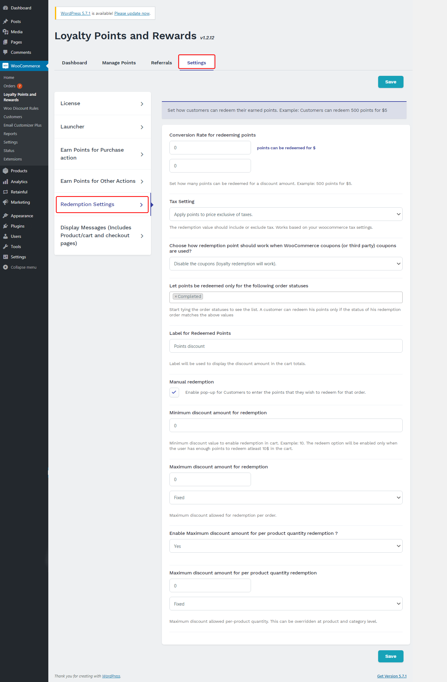 08 configurações de resgate de pontos