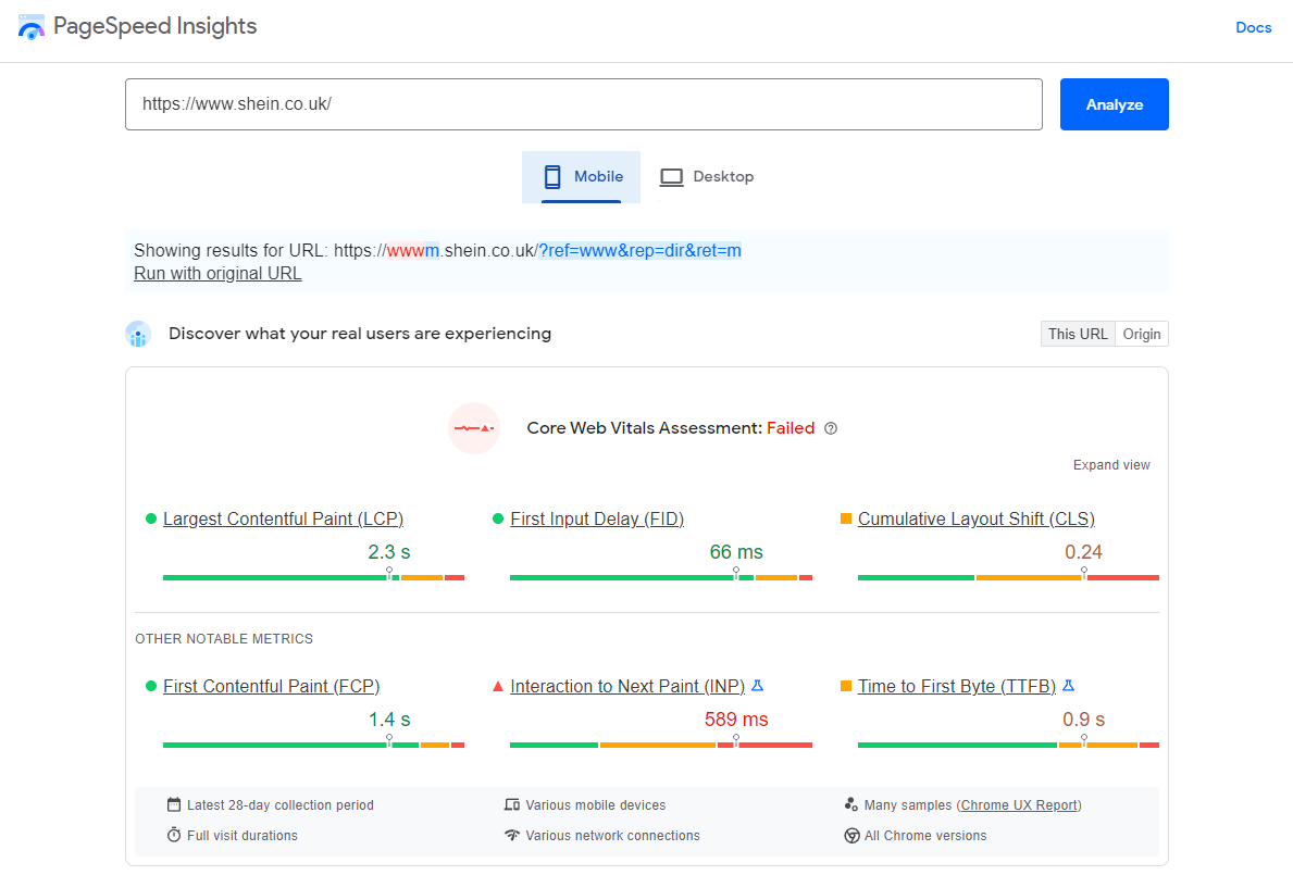 Exemplo de insights de velocidade da página para um site para celular