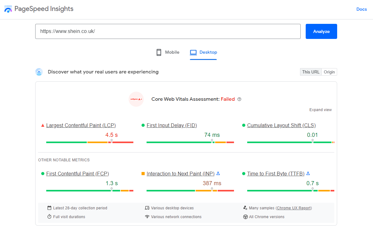 Exemplo de insights de velocidade de página para computador