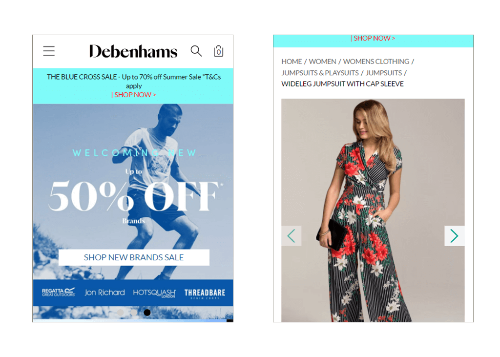 Debenhams PWA pe mobil