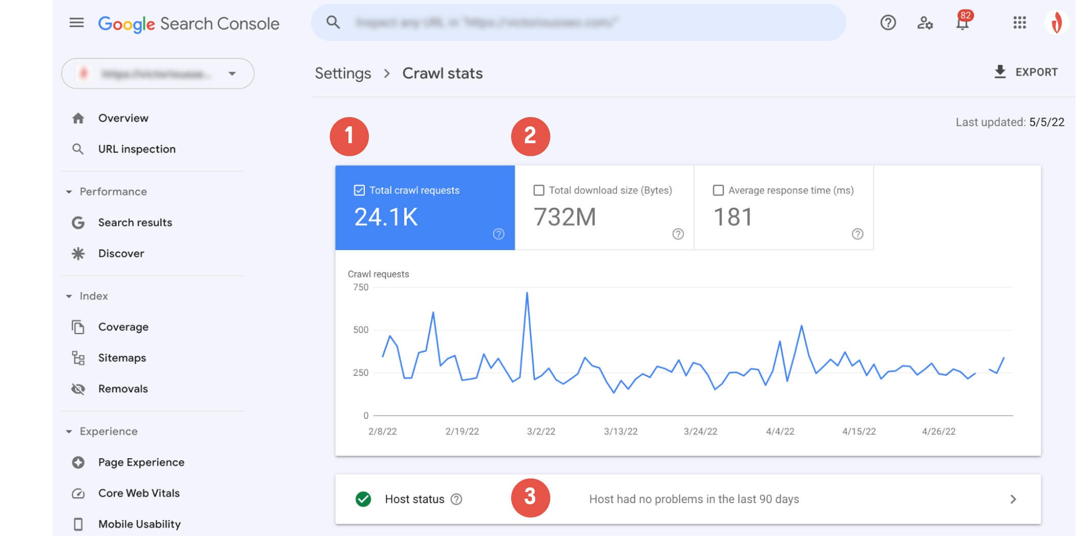 Menu de configurações do console de pesquisa do Google para encontrar estatísticas de rastreamento