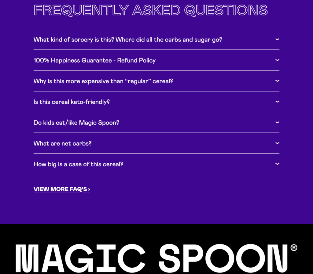 製品ページの下部にある Magic Spoon の FAQ