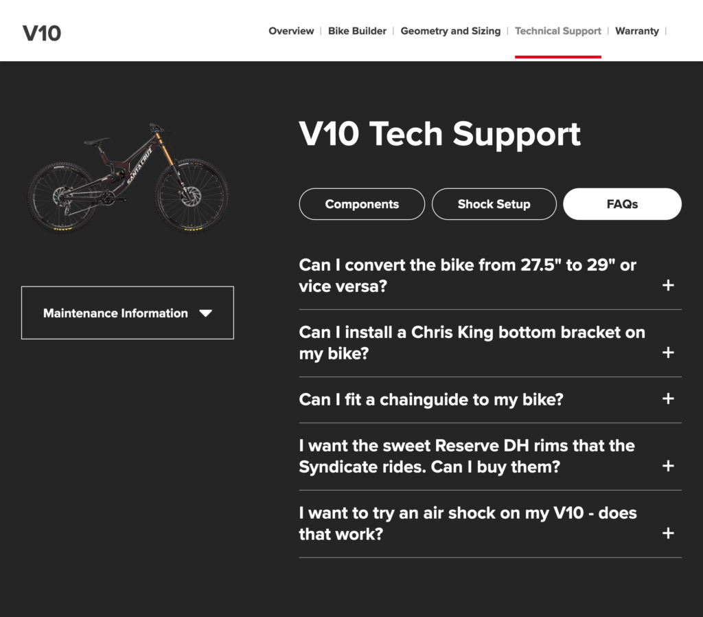 V10テクニカルサポートの見出しの下にあるV10製品のSanta Cruz Bicycles FAQ