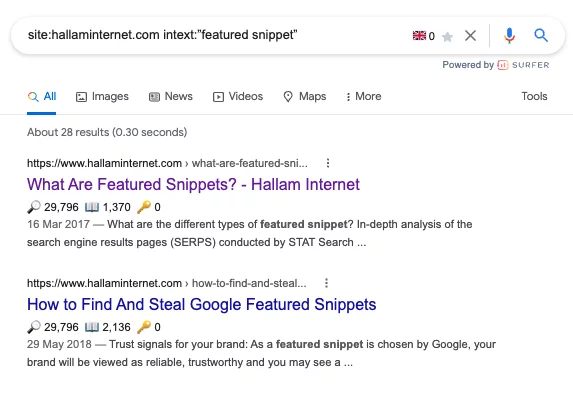 screenshot di una pagina dei risultati di ricerca di Google che mostra un blog sugli snippet in primo piano