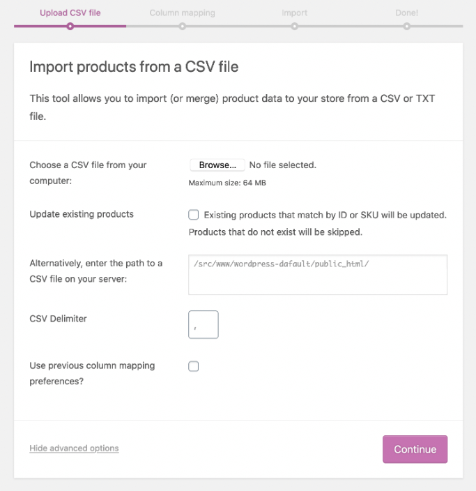 WooCommerce 제품 CSV 가져오기 도구의 스크린샷.