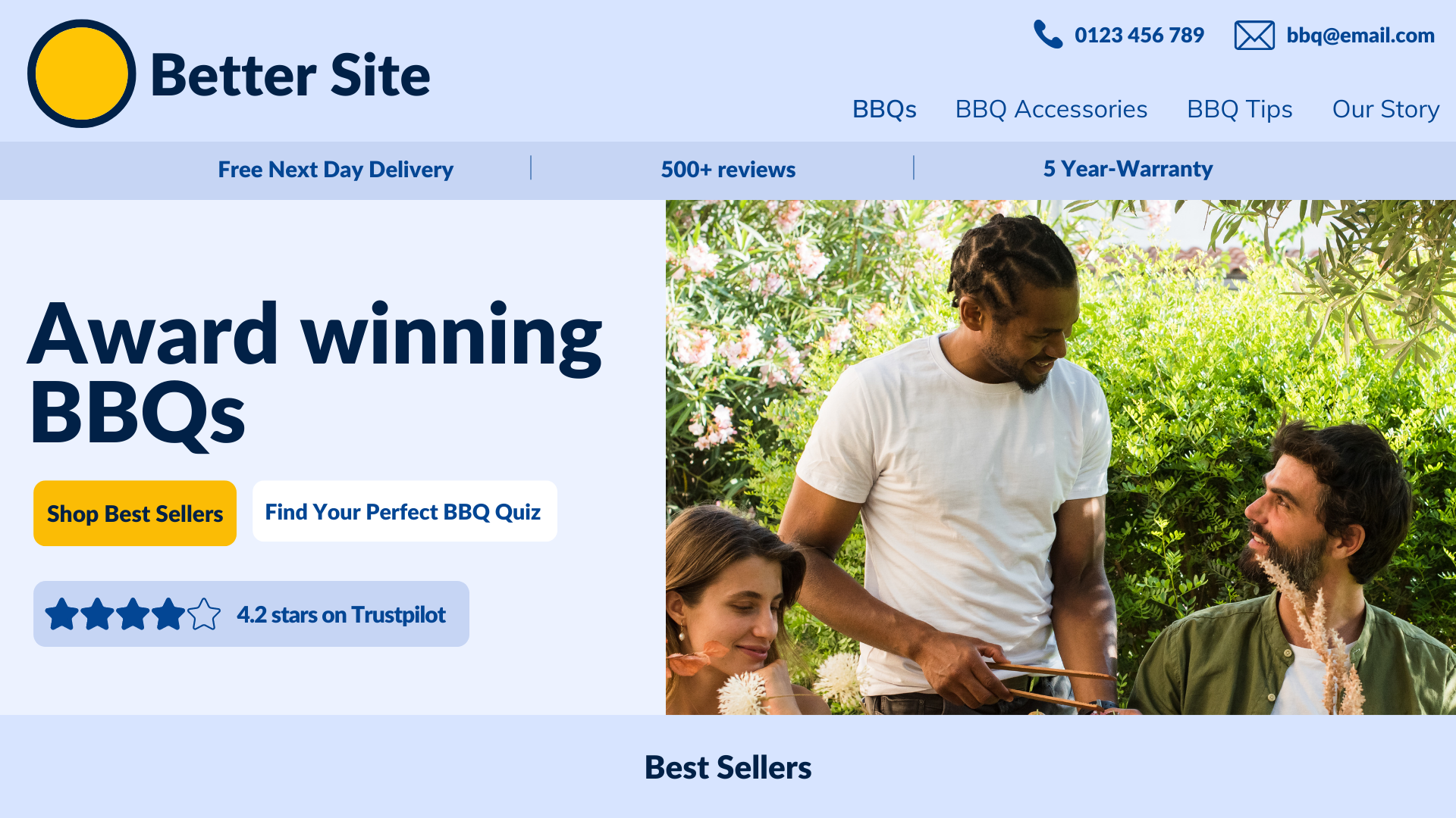 Contoh situs web yang dirancang dengan baik. Logonya kecil tapi masih terlihat. Urutan menunya adalah BBQ, Aksesoris BBQ, Tips BBQ dan Kisah Kita. Nomor telepon dan email terlihat di sudut kanan atas. Di bawah tajuk ini, ada bilah manfaat, termasuk manfaat berikut berbelanja dengan perusahaan ini: pengiriman hari berikutnya gratis, 500+ ulasan, garansi 5 tahun. Di bawah ini, di sisi kiri, ada judul yang bertuliskan "BBQ pemenang penghargaan". Di bawah judul itu ada dua tombol, satu berwarna kuning bertuliskan "Belanja terlaris", dan yang lainnya, berwarna putih, bertuliskan "Temukan kuis BBQ sempurna Anda. Di bawahnya terdapat 4 bintang penuh dan satu bintang kosong, dengan teks bertuliskan “4.2 bintang di Trustpilot”. Di sisi kanan adalah gambar yang dipotong dari tiga orang duduk di taman dan satu sedang menyajikan makanan. Di sepanjang bagian bawah adalah sebuah bar, dengan teks bertuliskan “best seller”.