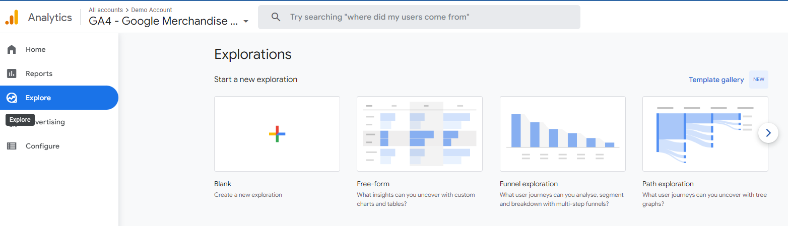 Cuplikan layar jenis eksplorasi di Google Analytics 4. Bagian jelajah diakses dari menu di sebelah kiri, dengan mengklik jelajahi. Dalam tangkapan layar ini, eksplorasi jalur adalah opsi keempat di halaman Eksplorasi, di paling kanan