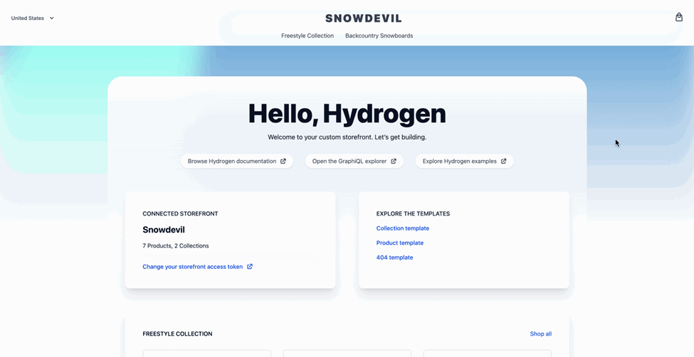 Hydrogenで作られたShopifyのデモページ