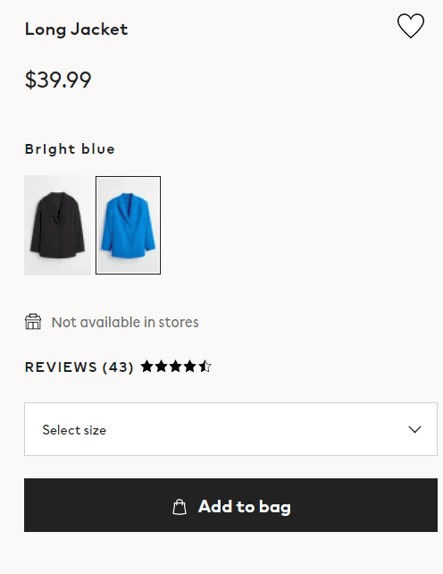 eine Produktseite für eine blaue Jacke