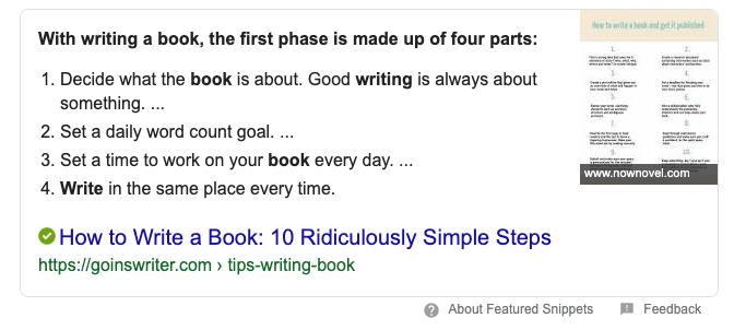 Wie man ein Buch schreibt Featured Snippet Beispiel für die besten SEO-Tipps