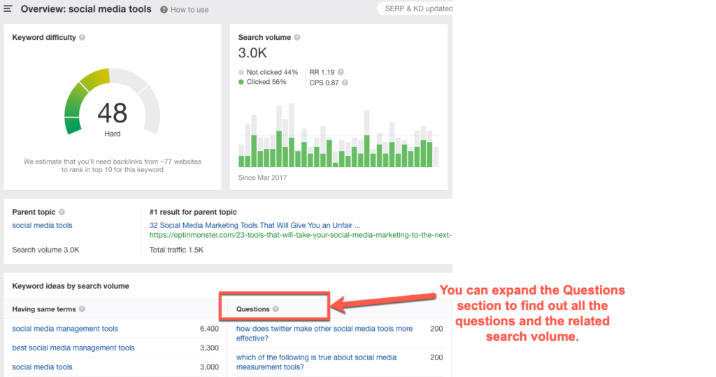 ahrefs 搜索工具，用于查找精选片段的问题