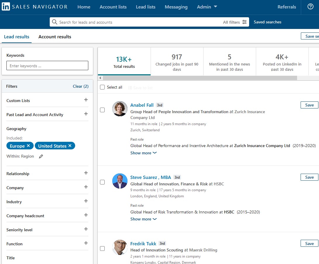 البحث في متصفح مبيعات LinkedIn