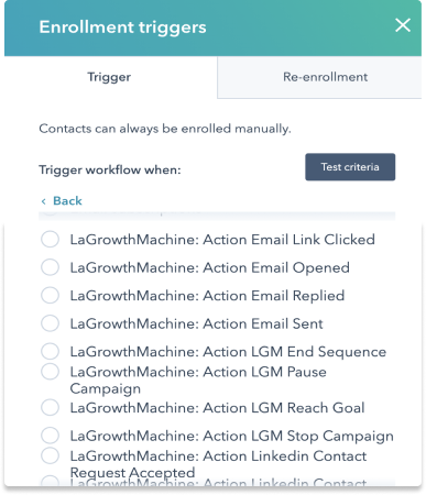 HubSpot과 LaGrowthMachine 간에 설정할 수 있는 트리거의 예