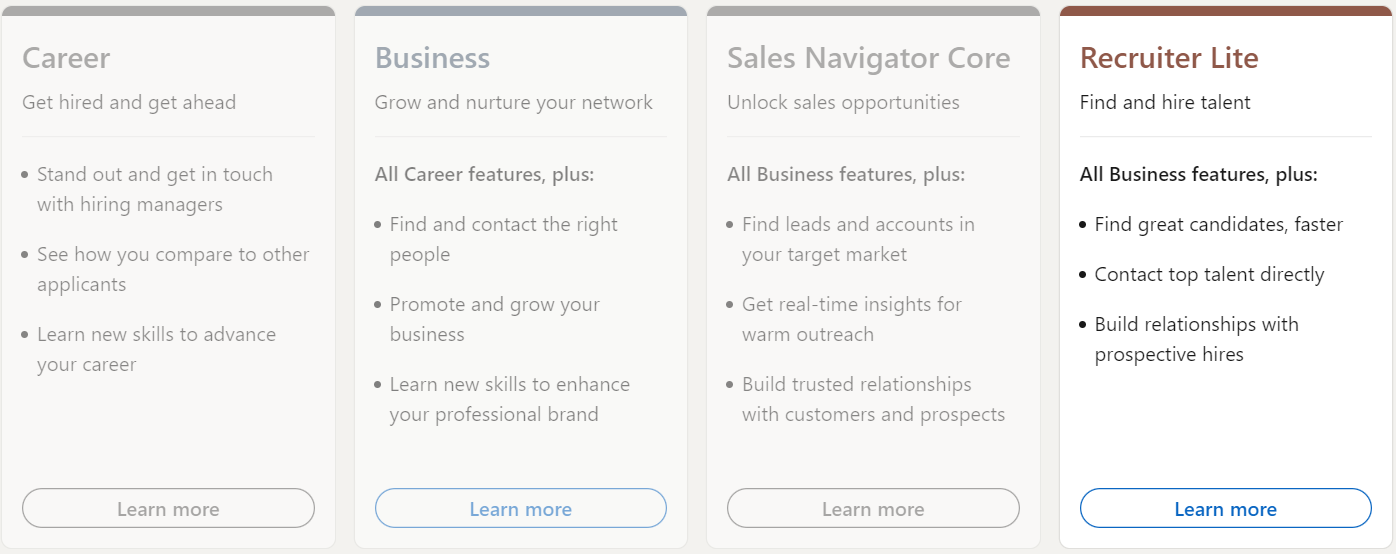 4 块显示不同的 LinkedIn Premium 功能，选择 Recruiter Lite