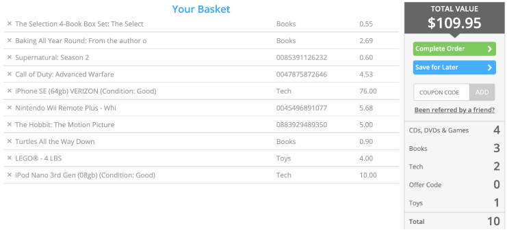 ตัวอย่างตะกร้าเต็มบน Decluttr พร้อมอุปกรณ์อิเล็กทรอนิกส์ หนังสือ และของเล่น