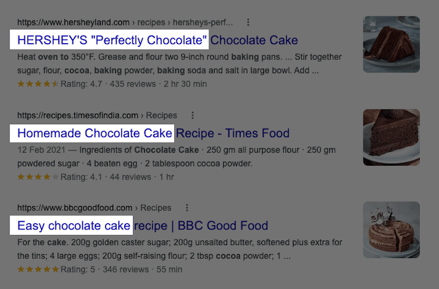 초콜릿 케이크를 굽기 위한 SERPs