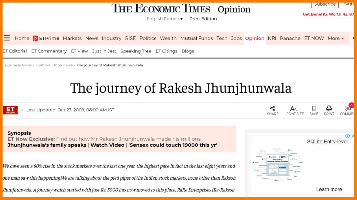 Ein Ausschnitt aus dem von Time Of India veröffentlichten Blog über Rakesh Jhunjhunwala