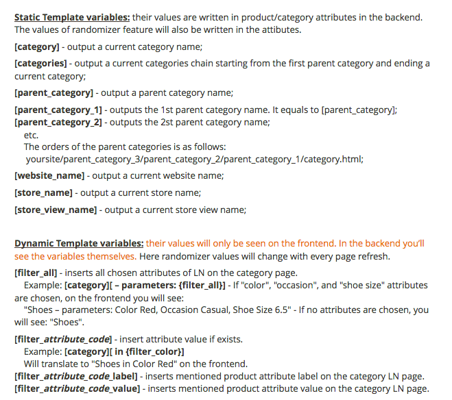 Magento의 계층화된 탐색 페이지에 대한 SEO 템플릿의 변수