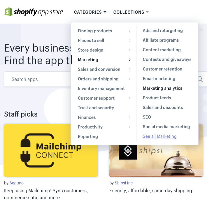 Catégories de l'App Store de Shopify