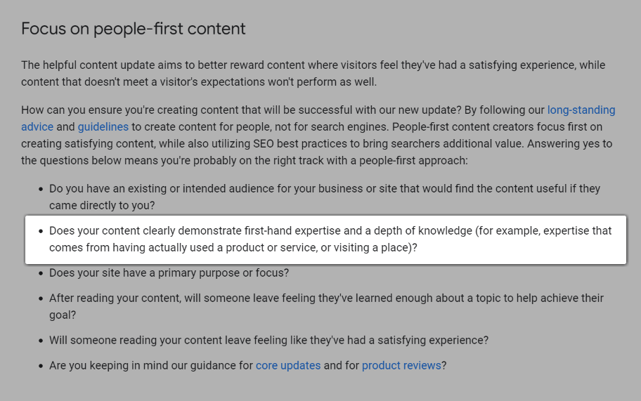 لقطة شاشة للسؤال ، "هل يُظهر المحتوى الخاص بك بوضوح الخبرة المباشرة وعمق المعرفة (على سبيل المثال ، الخبرة التي تأتي من استخدام منتج أو خدمة ، أو زيارة مكان ما)؟".