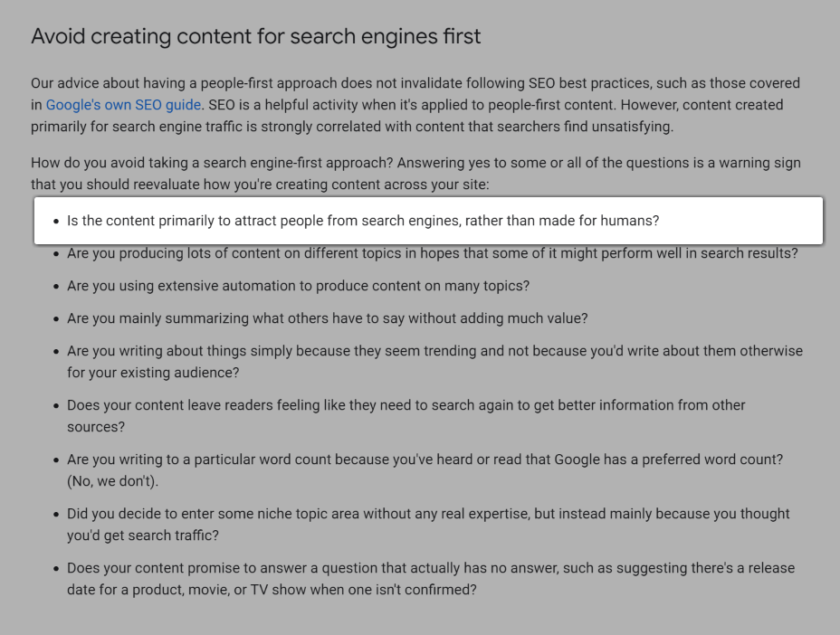 لقطة شاشة للسؤال "هل المحتوى في المقام الأول لجذب الأشخاص من محركات البحث ، وليس مخصصًا للبشر؟".